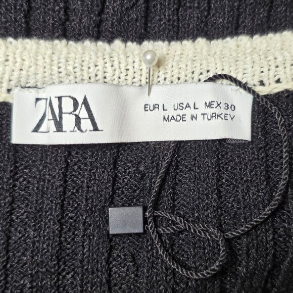 Zara Pointelle Mixed Ruffled Knit Cardigan Black/Cream L - Picture 10 of 11